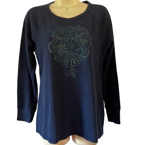 Sonoma Dark Navy Blue Waffle Knit Top Woman Size Medium Mandela Design - Picture 1 of 9